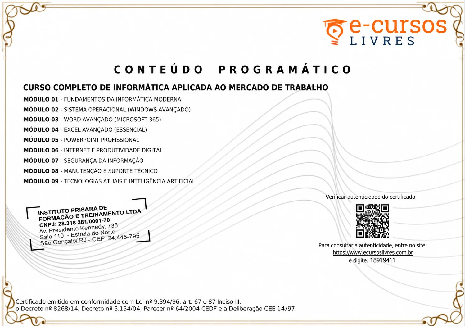 Modelo do Certificado - Verso