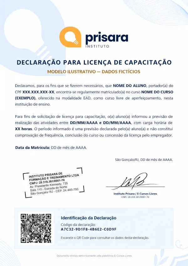 Modelo ilustrativo da Declaração para Licença de Capacitação